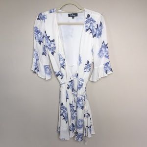 Lulus Ivory and Blue Floral Wrap Dress